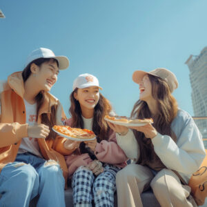 three-women-sitting-bench-eating-pizza-talking-generative-ai